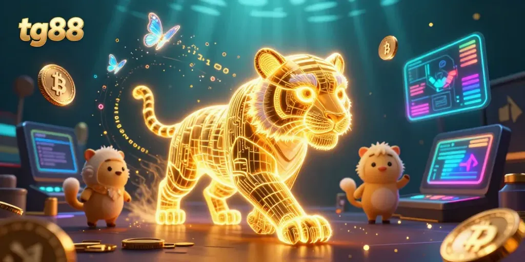 Experience the dynamic gaming world of tg88 with a glowing neon tiger and holographic butterflies in an immersive casino.