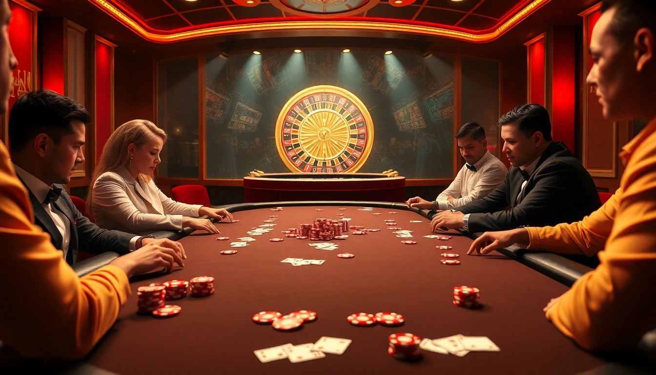 Experience the thrill of winning strategies at Okfun's high-stakes poker table in a vibrant casino.