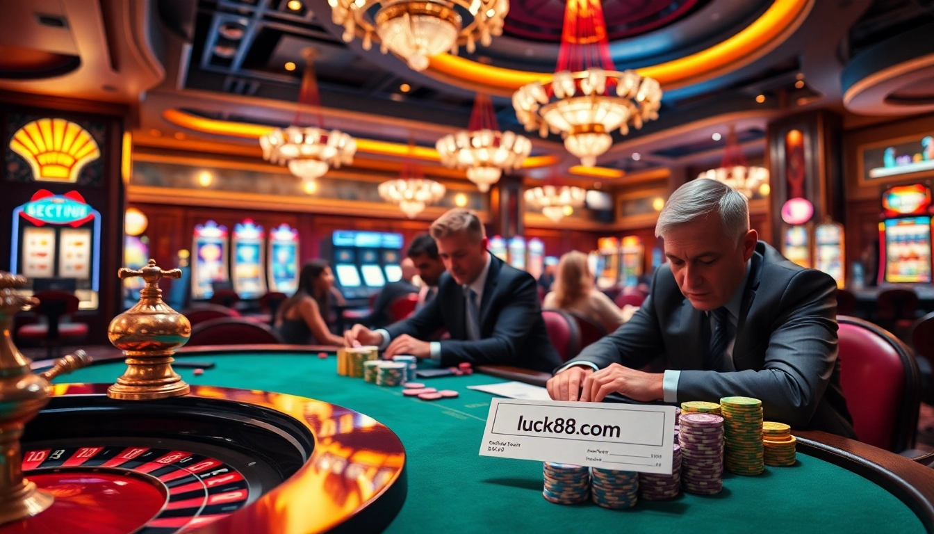 A thrilling casino action scene at luck88 com, featuring a roulette wheel and engaged players with poker chips.
