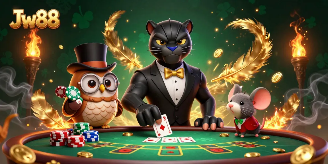 Experience the thrill of Jw88 with a stylish panther dealing cards at a vibrant casino scene.