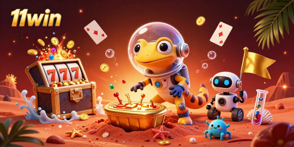 11win casino scene: Martian gecko explores a treasure-filled casino on Mars.