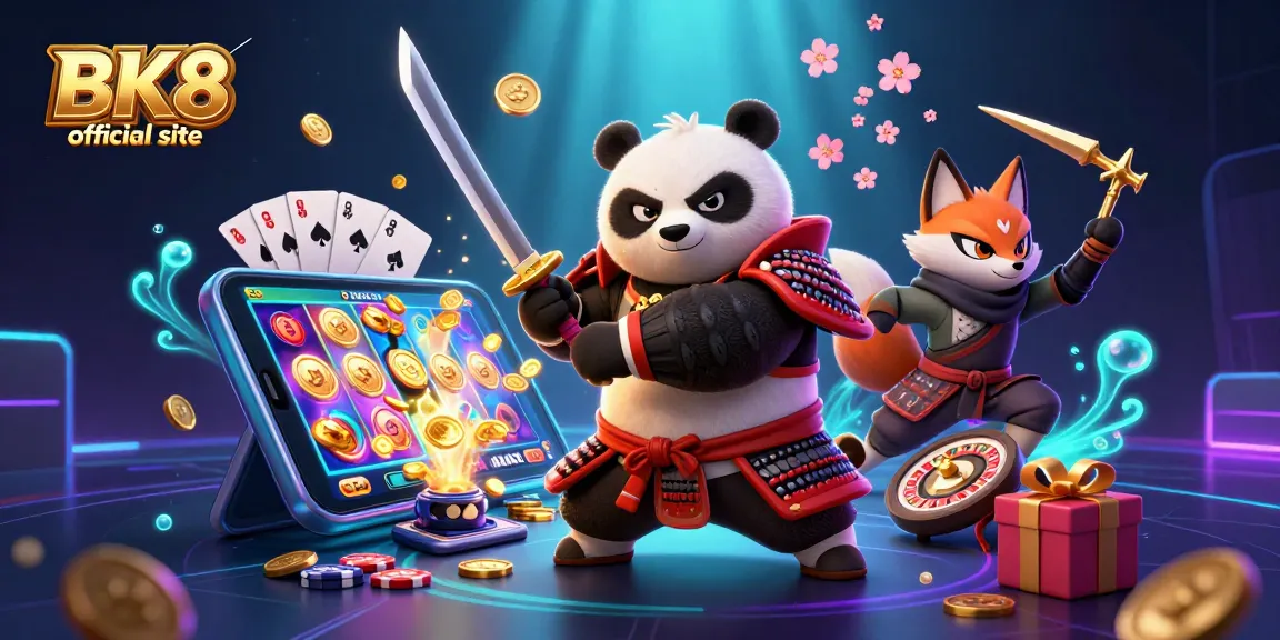 Spin slots and win at BK8 official site with a vibrant casino scene featuring 3D characters and dynamic game elements.
