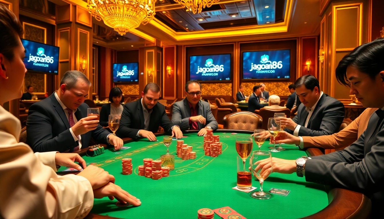 Play poker with jagoan86 chips in a lavish casino atmosphere filled with excitement.