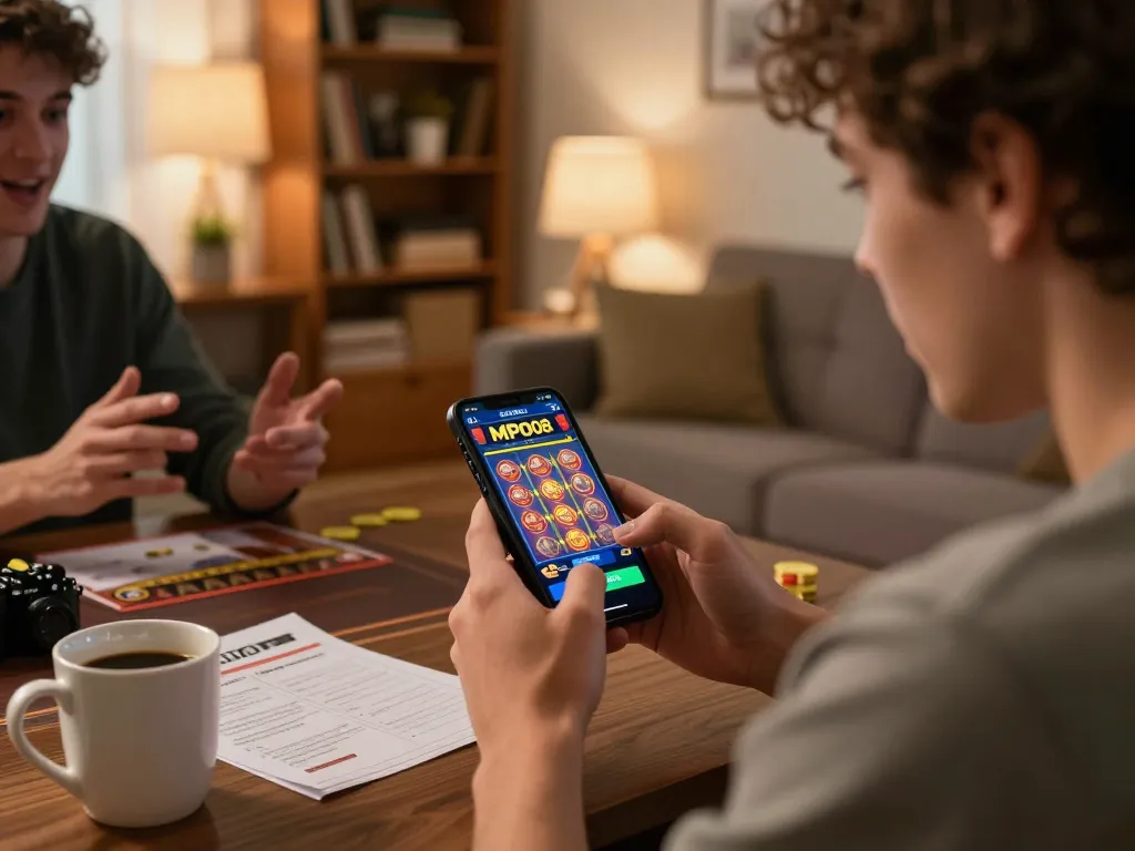 MPO08 slot games interface actively engaged by a player in a cozy home setting, capturing the excitement of online gaming.