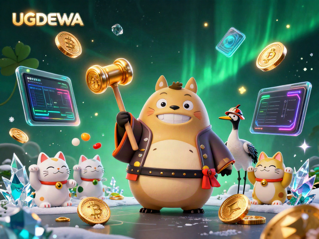 Engage with the UGDEWA platform featuring vibrant 3D cartoon illustrations and interactive gaming elements.