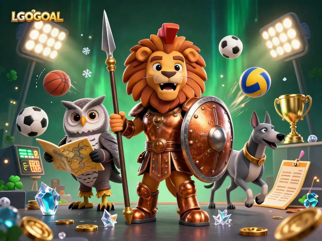 Engage with LGOGOAL in this dynamic 3D casino illustration featuring a Spartan lion and sports elements.