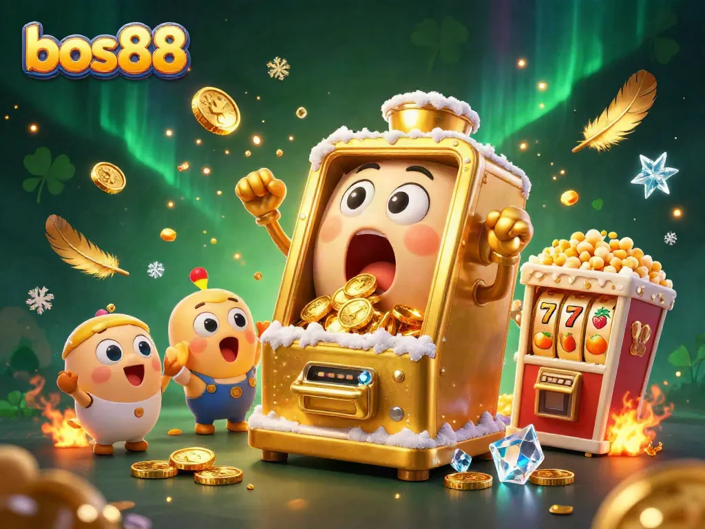 Experience the excitement of bos88 with a colorful 3D scene featuring a golden slot machine celebrating its jackpot win amidst dynamic casino elements.