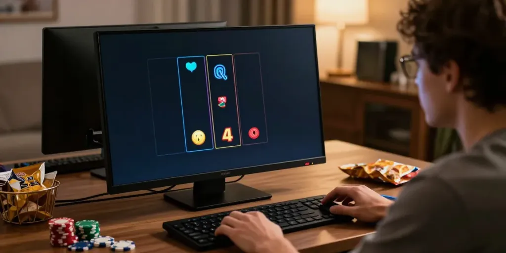 Pengalaman bermain slot online di NAGAHOKI303 dengan simbol berwarna cerah di layar.