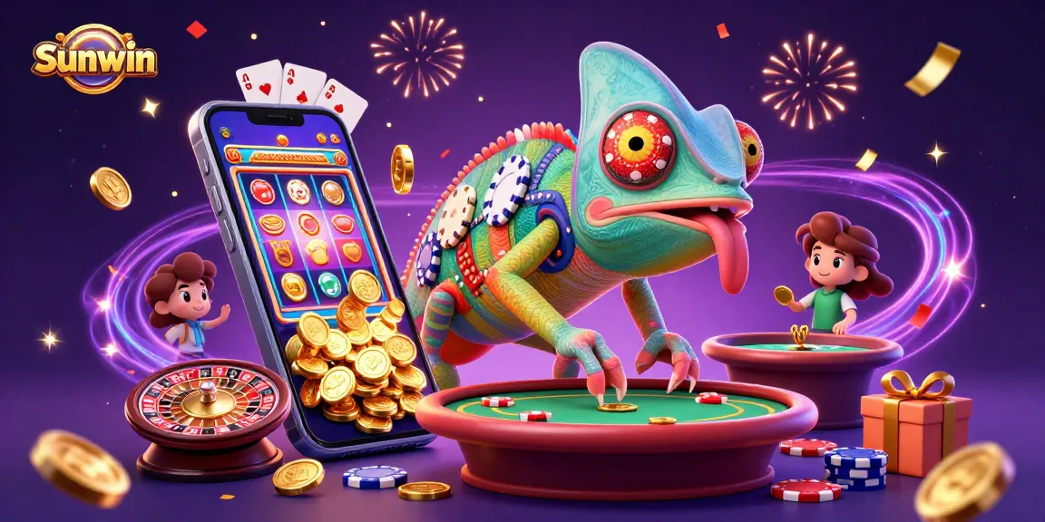Experience Sunwin with a vibrant 3D cartoon casino scene featuring a chameleon owner, slot games, and festive elements.