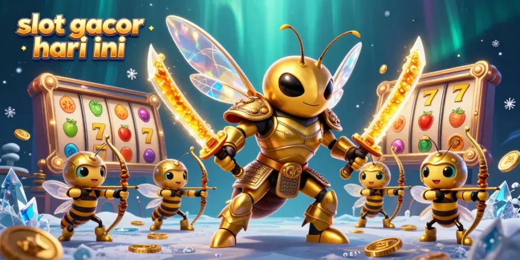 Menggali slot gacor hari ini dengan ilustrasi menarik dari elemen permainan slot dan karakter yang dinamis.
