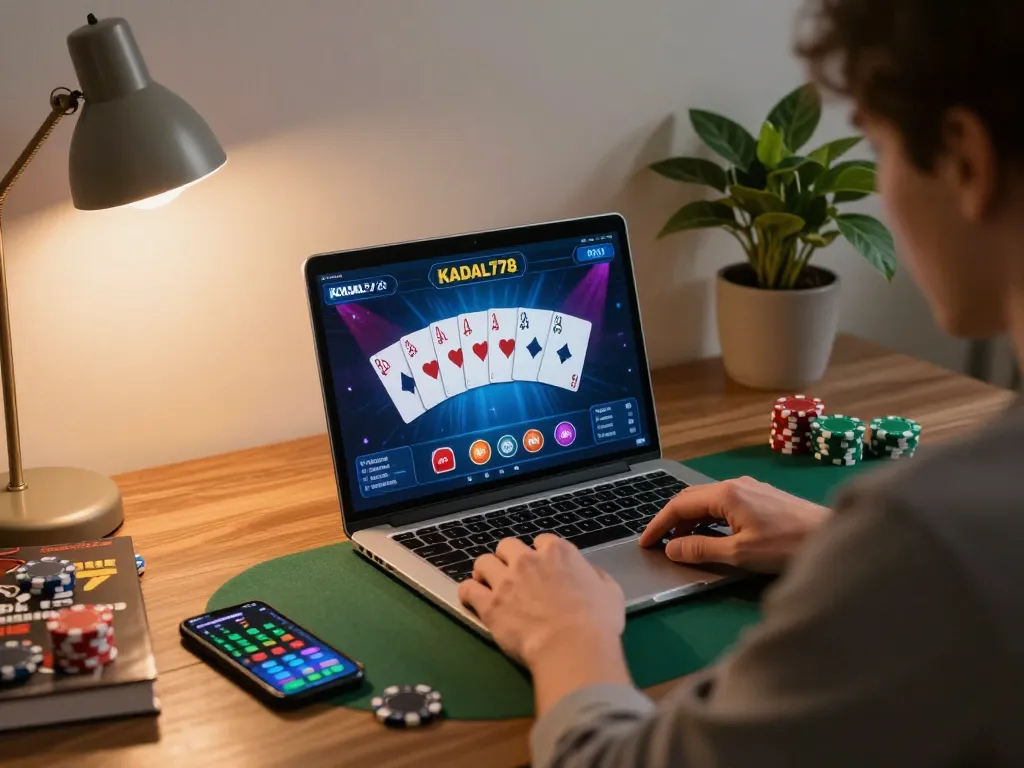 KADAL778 online gaming experience showcasing a player engaged in a high-stakes poker game at home