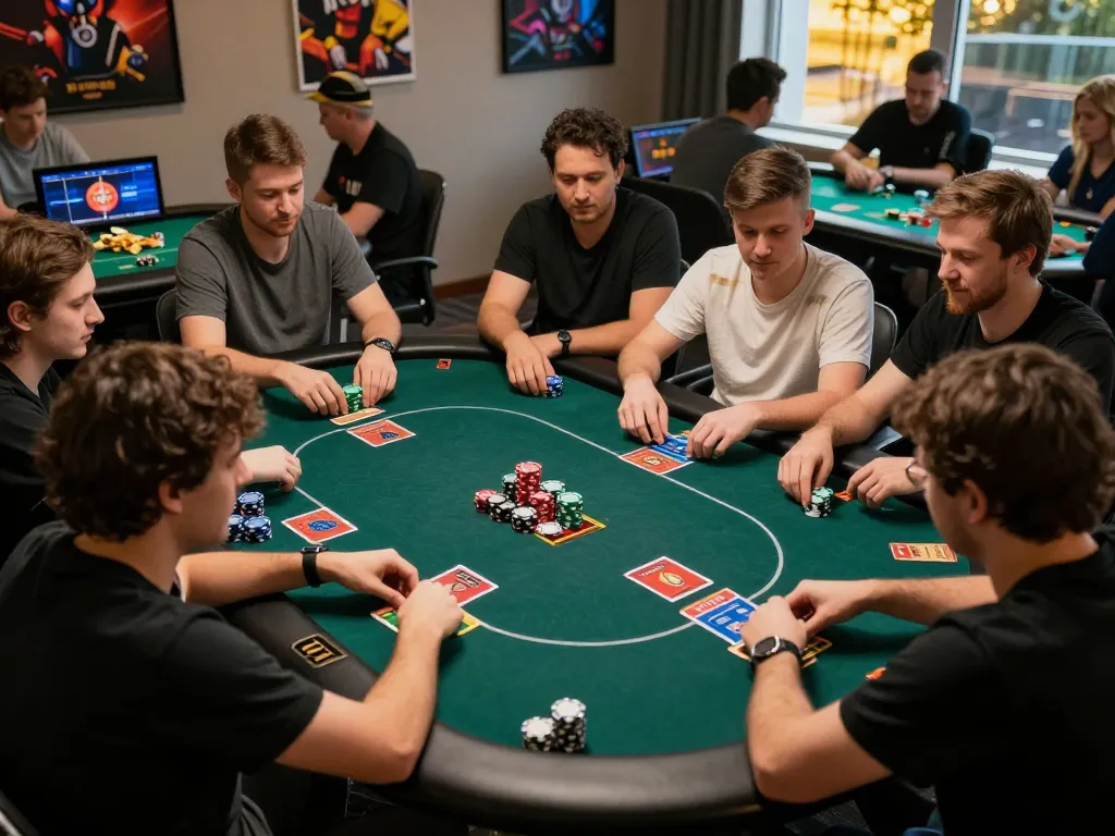 Pemain yang menyusun strategi dalam permainan poker online di alexis500, menunjukkan antusiasme dan interaksi.