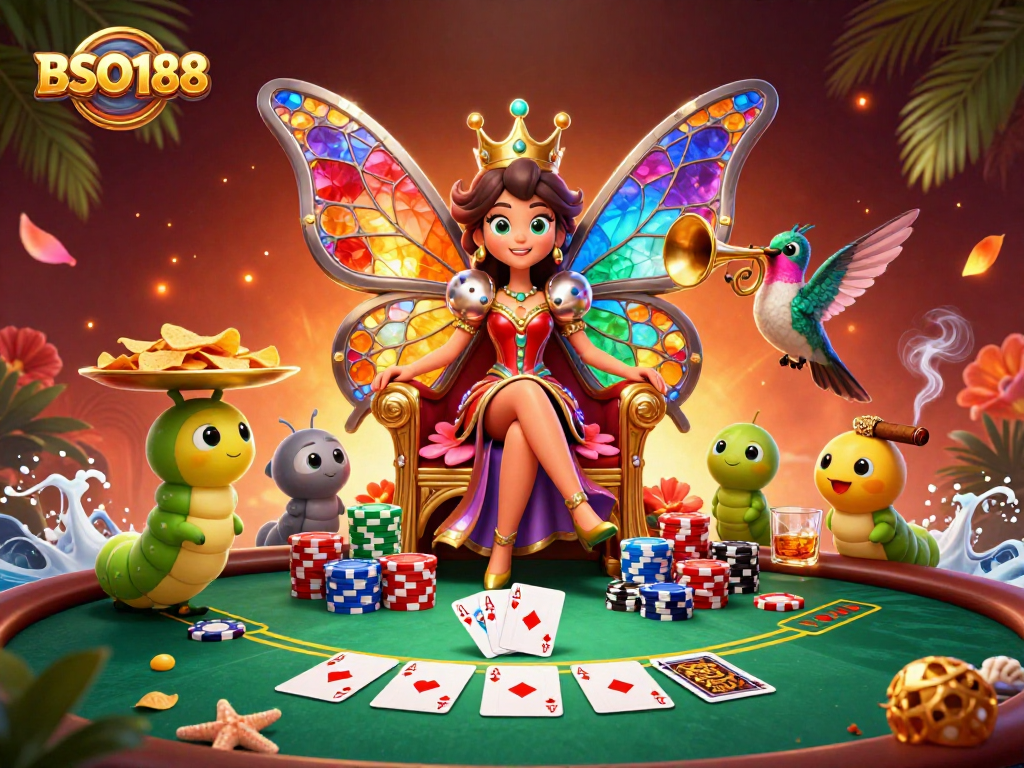 Engage in thrilling gameplay on BSO188 with vibrant casino elements around a butterfly queen.