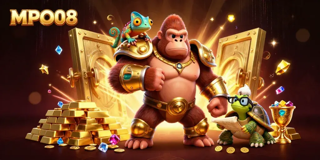 Engage in exciting gameplay with MPO08 as a gorilla king, chameleon companion, and wise tortoise elder strategize amidst treasure.