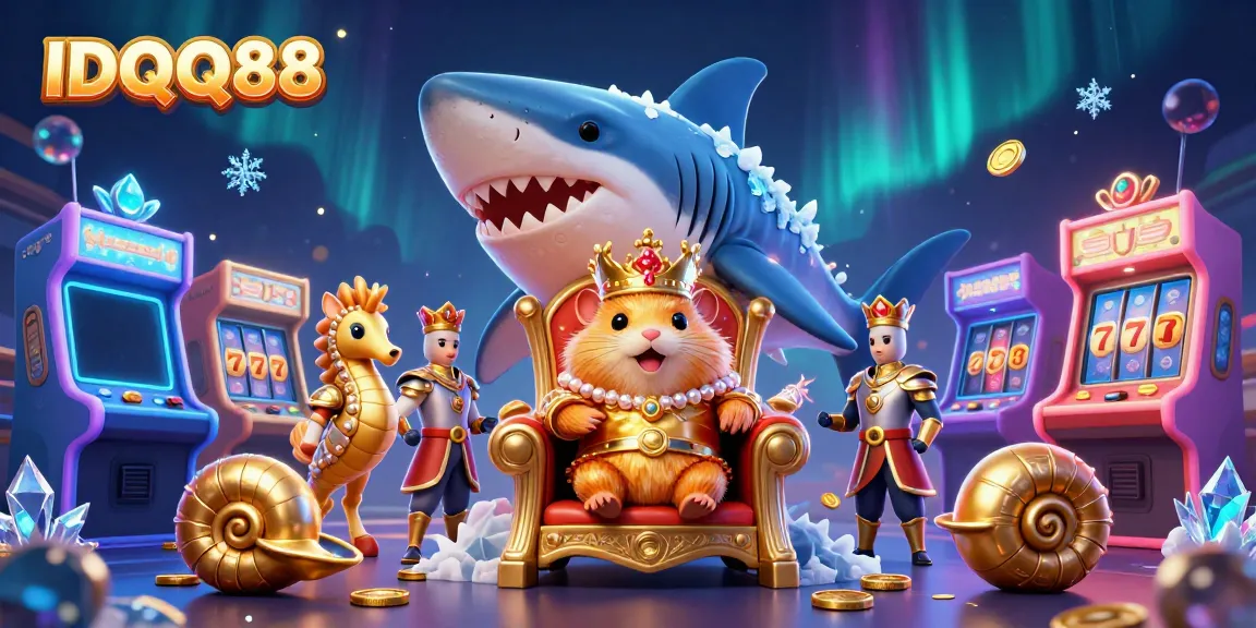 Experience thrilling wins at IDQQ88 with golden hamster king on a megalodon throne surrounded by arcade slots.