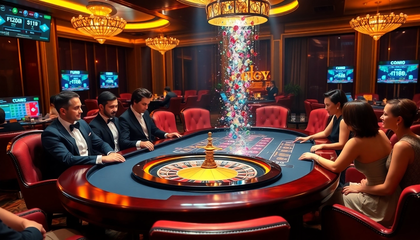 Experience the excitement of F168 with luxurious poker and roulette games in a vibrant casino setting.