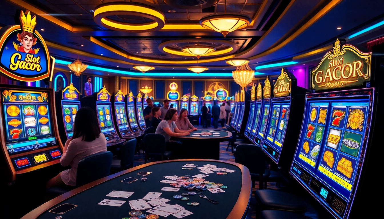 Engaged players winning at vibrant Slot Gacor machines in a luxurious casino setting.