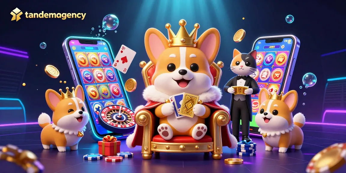 Engaging tandemagency gaming scene showcasing a royal corgi on a throne amid vibrant casino elements.