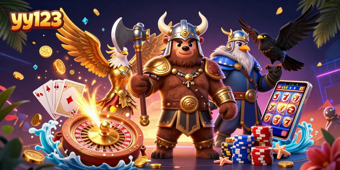 Win big at yy123 with animated 3D gaming characters, vibrant casino elements, and dynamic gameplay visuals.
