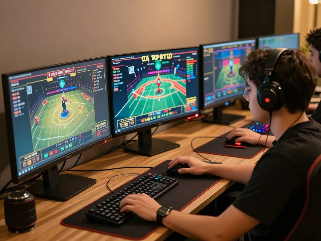 Nego77 user engaging in online gaming with multiple monitors showcasing advanced casino strategies and gameplay.