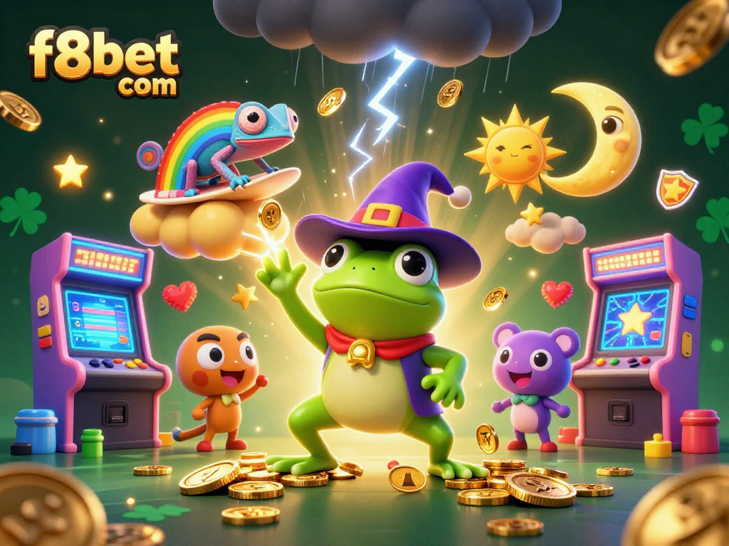 Experience thrilling gaming at f8bet com with wizard frogs and chameleons amidst a storm of golden coins.
