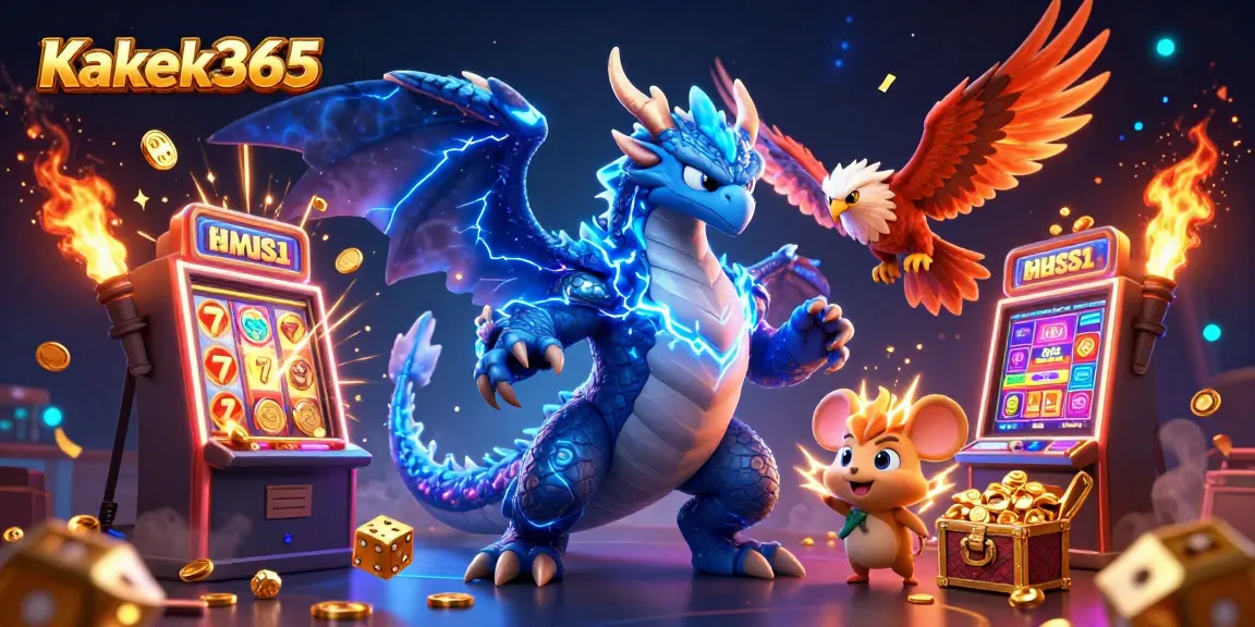 Kakek365 showcases a vibrant jackpot scene with a thunder dragon, wind hawk, and slot machine explosion.