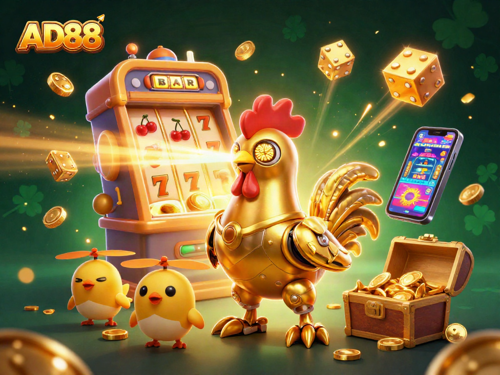 Experience AD88 with exciting games as a futuristic rooster robot leads the way in a vibrant casino scene.