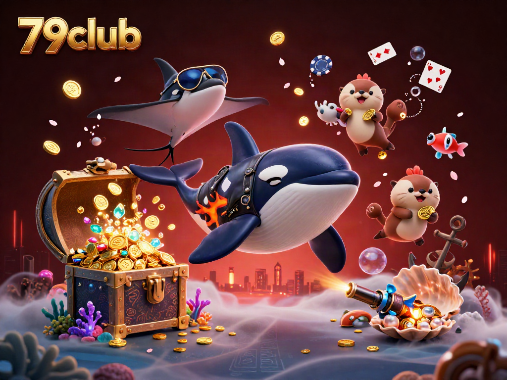 Experience the thrill of 79club with a vibrant underwater scene featuring an adventurous orca and otters celebrating by the treasure.