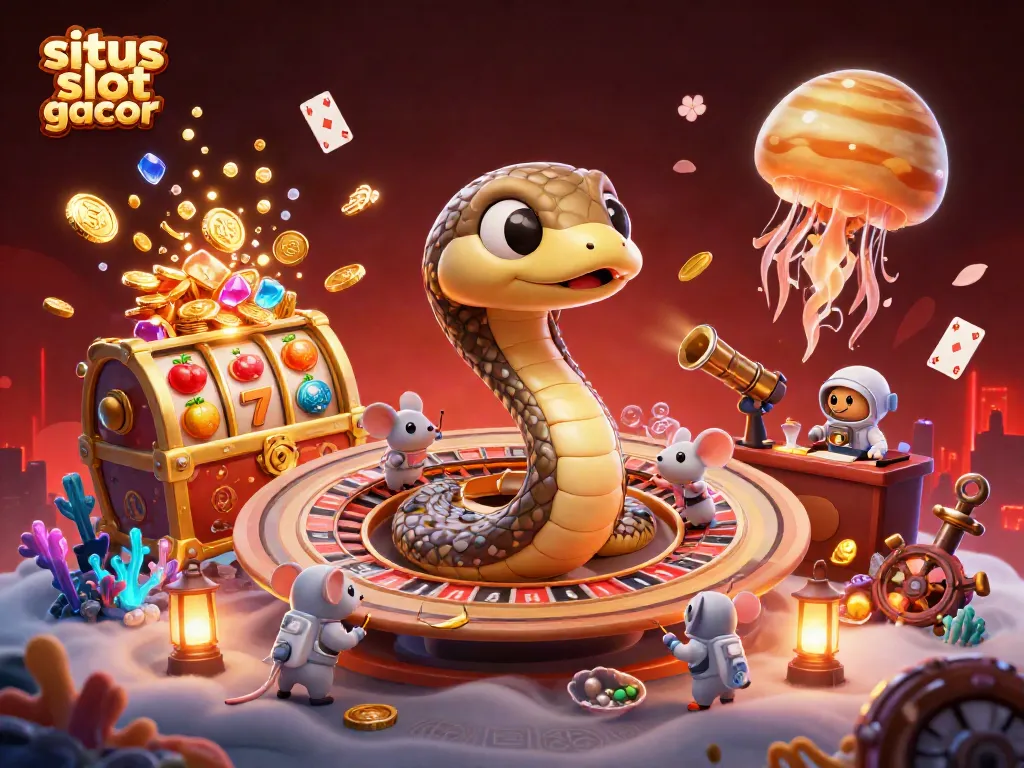 Mainkan situs slot gacor dengan slot reel dan simbol buah yang berwarna-warni bersama karakter 3D.