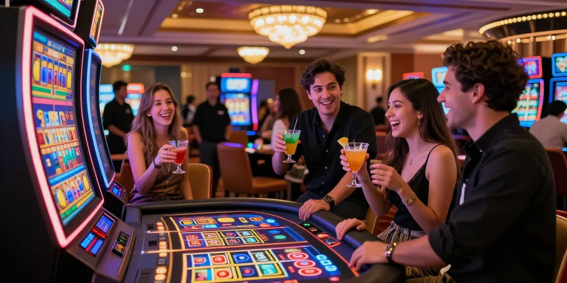 Friends celebrating at a link slot machine in a vibrant casino.