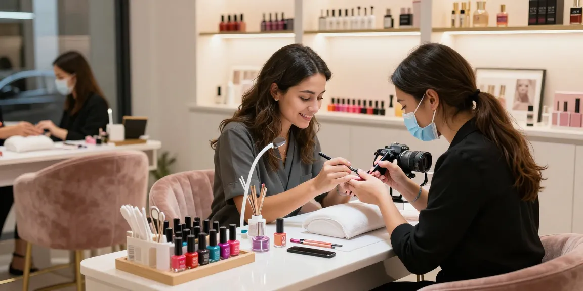 Manikur menggunakan produk LUXURY 12 di salon mewah dengan suasana nyaman.