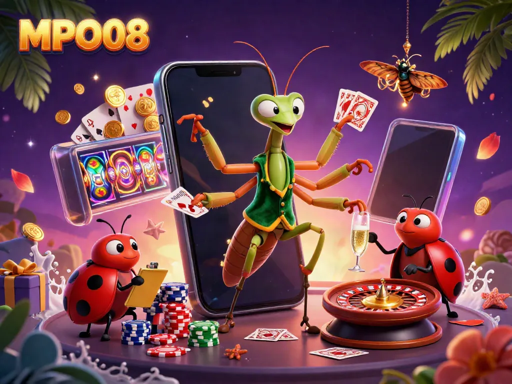 MPO08 users engaging with a dynamic gambling scene featuring vibrant characters and games.