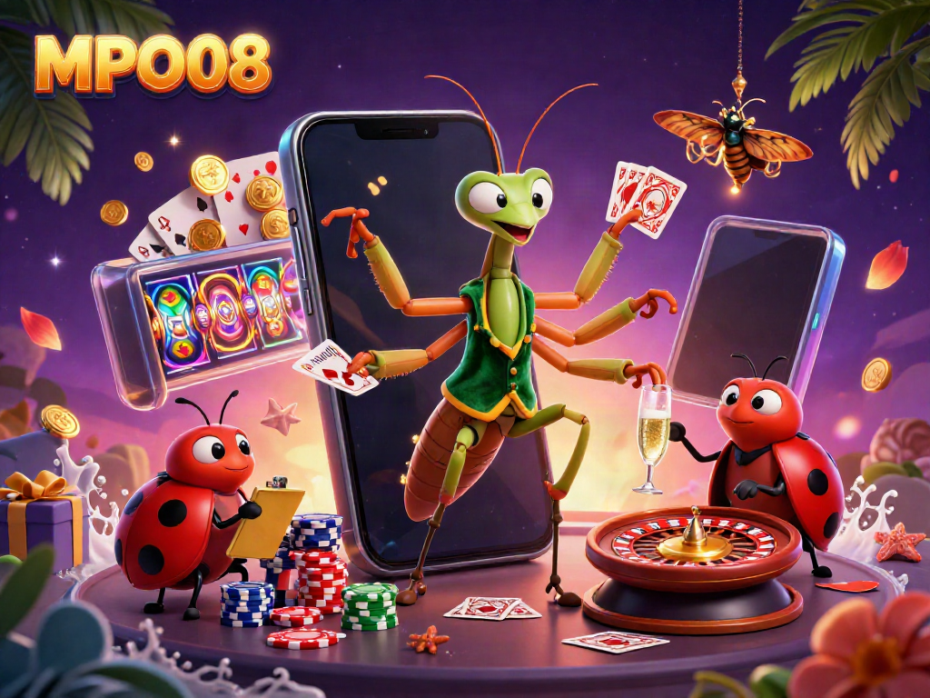 MPO08 users engaging with a dynamic gambling scene featuring vibrant characters and games.
