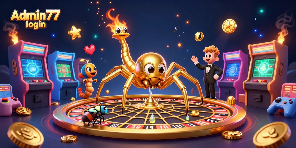 Experience thrilling gameplay with Admin77 login featuring a golden spider roulette surrounded by arcade machines.