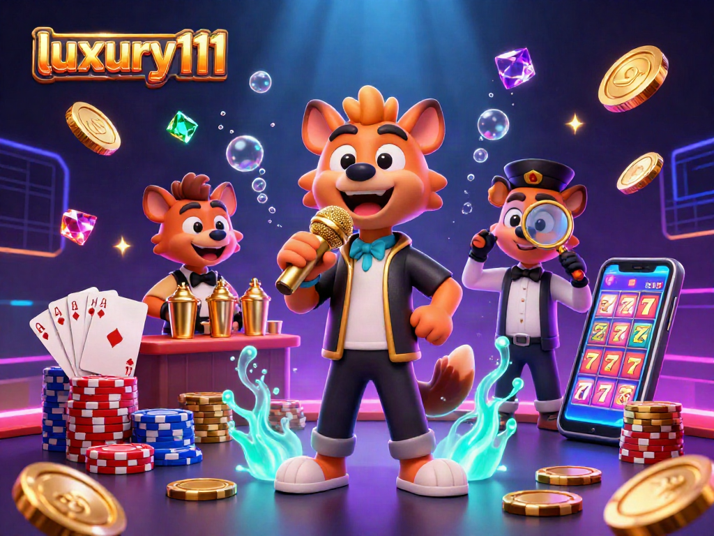 Experience the luxury111 casino with hyenas entertaining as a comedian, bartender, and bouncer amidst vibrant gaming elements.