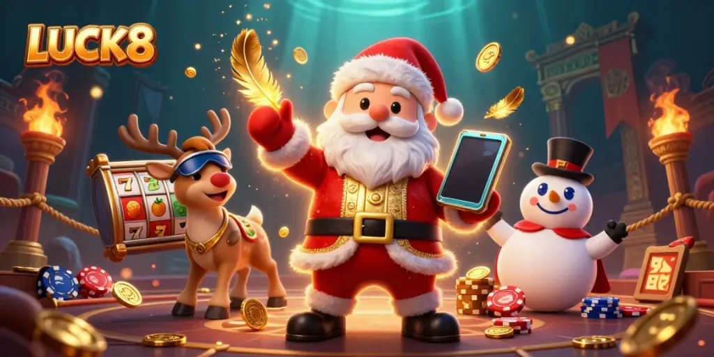 Experience LUCK8's thrilling slots with Santa, a reindeer dealer, and a poker chip snowman.
