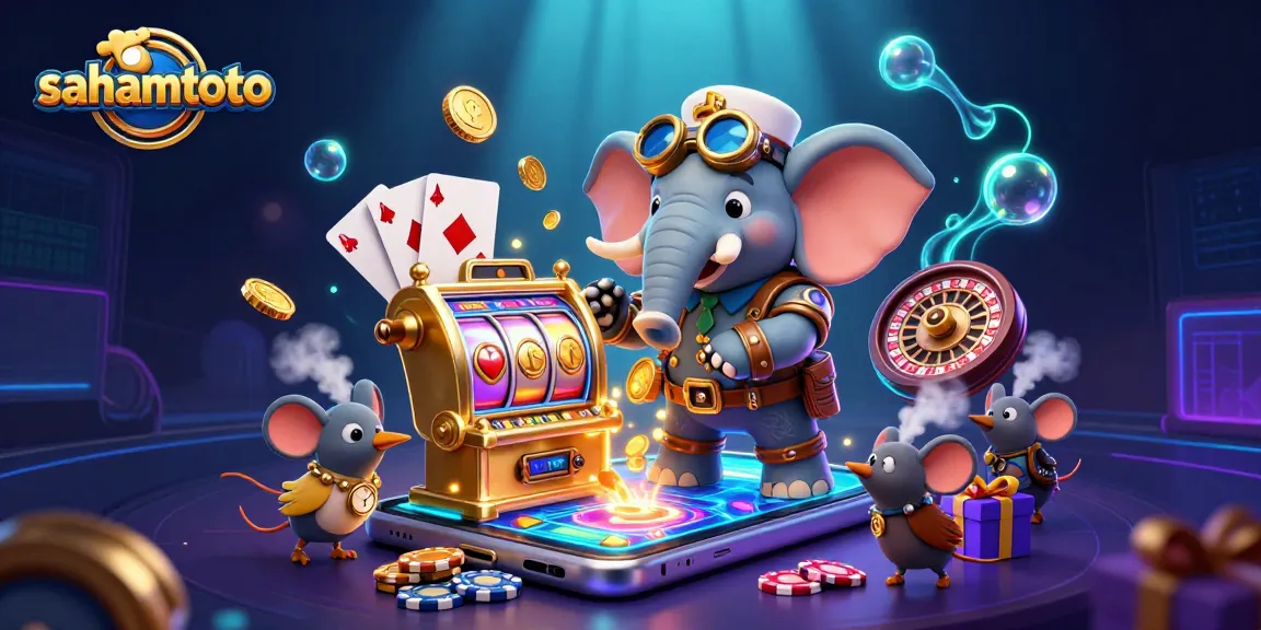Menghadirkan aksi slot menguntungkan sahamtoto dengan gajah rekayasa steampunk beroperasi di mesin slot emas.