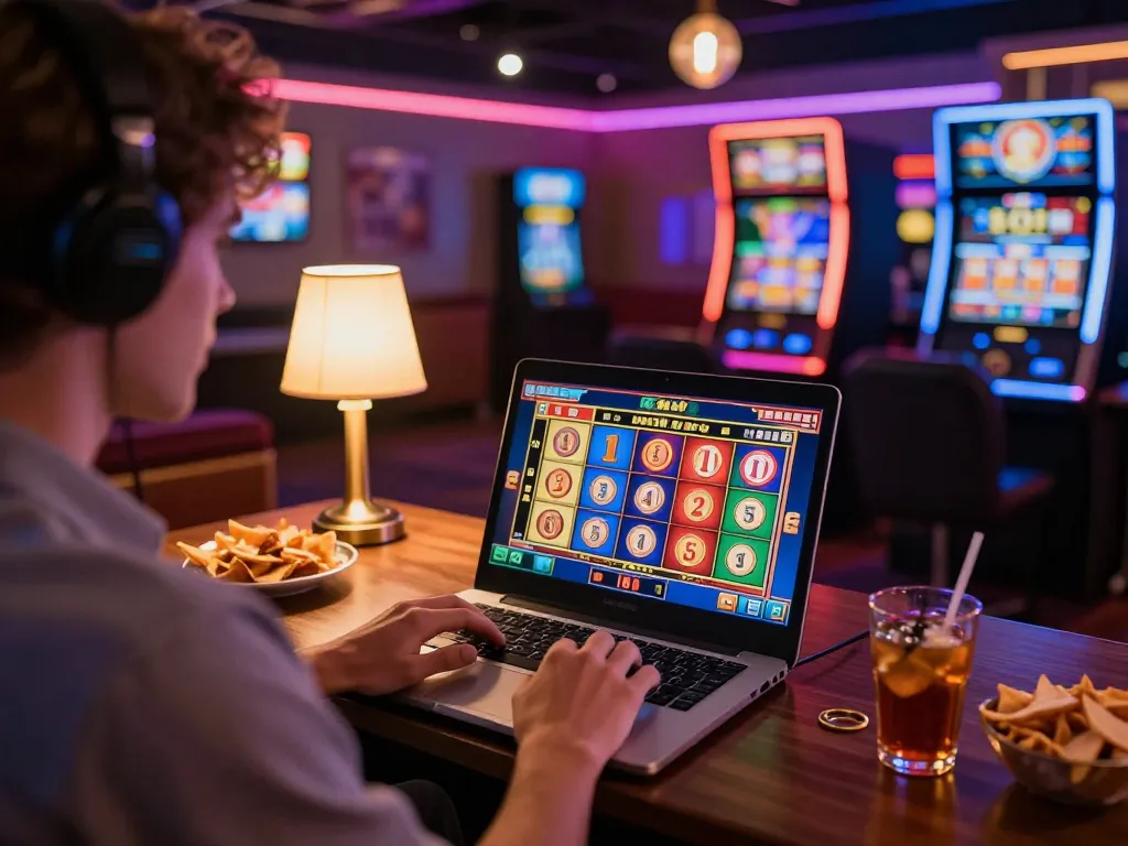Player engaging with fb88 slot game interface on a laptop in a cozy home gaming setup, showcasing an inviting atmosphere.