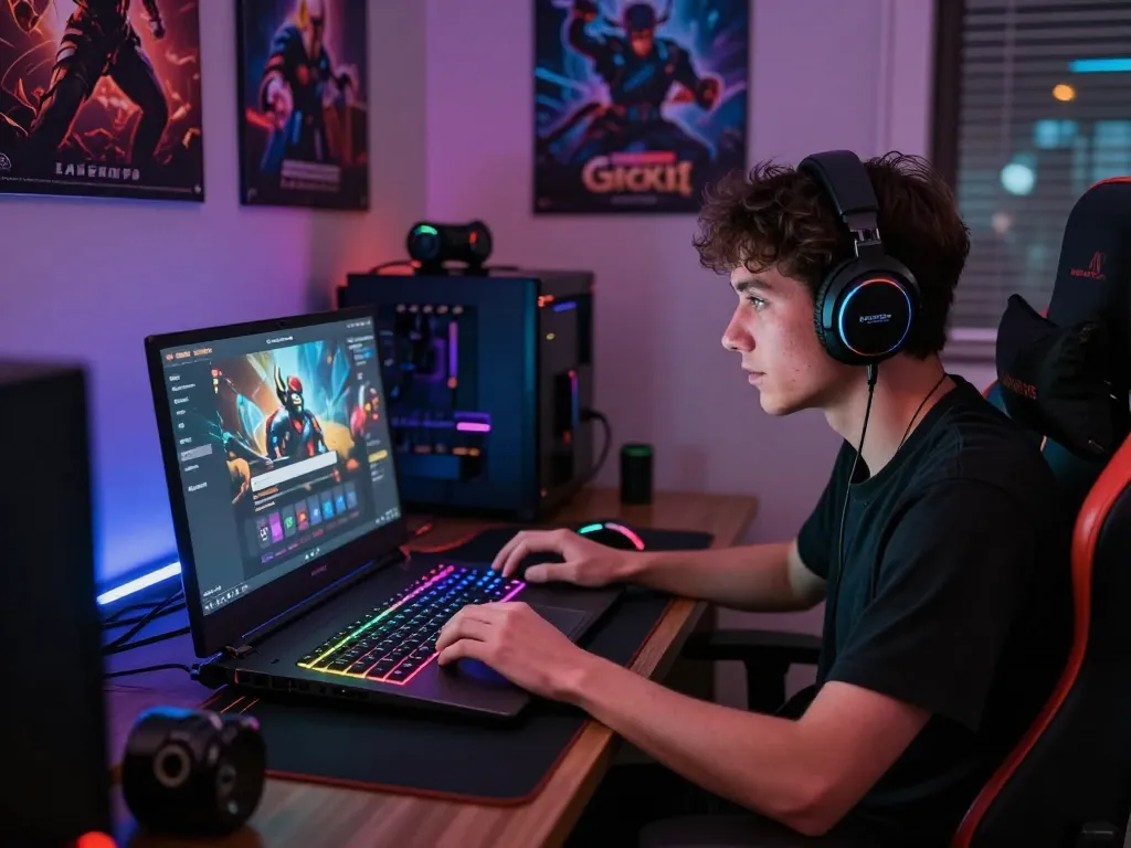 User engaged in ligasedayu login on gaming laptop with vibrant RGB lighting and gaming gear.
