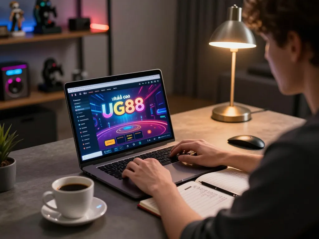 Online gamer engaged with nhà cái UG88 laptop interface, betting strategies visible, warm home atmosphere.