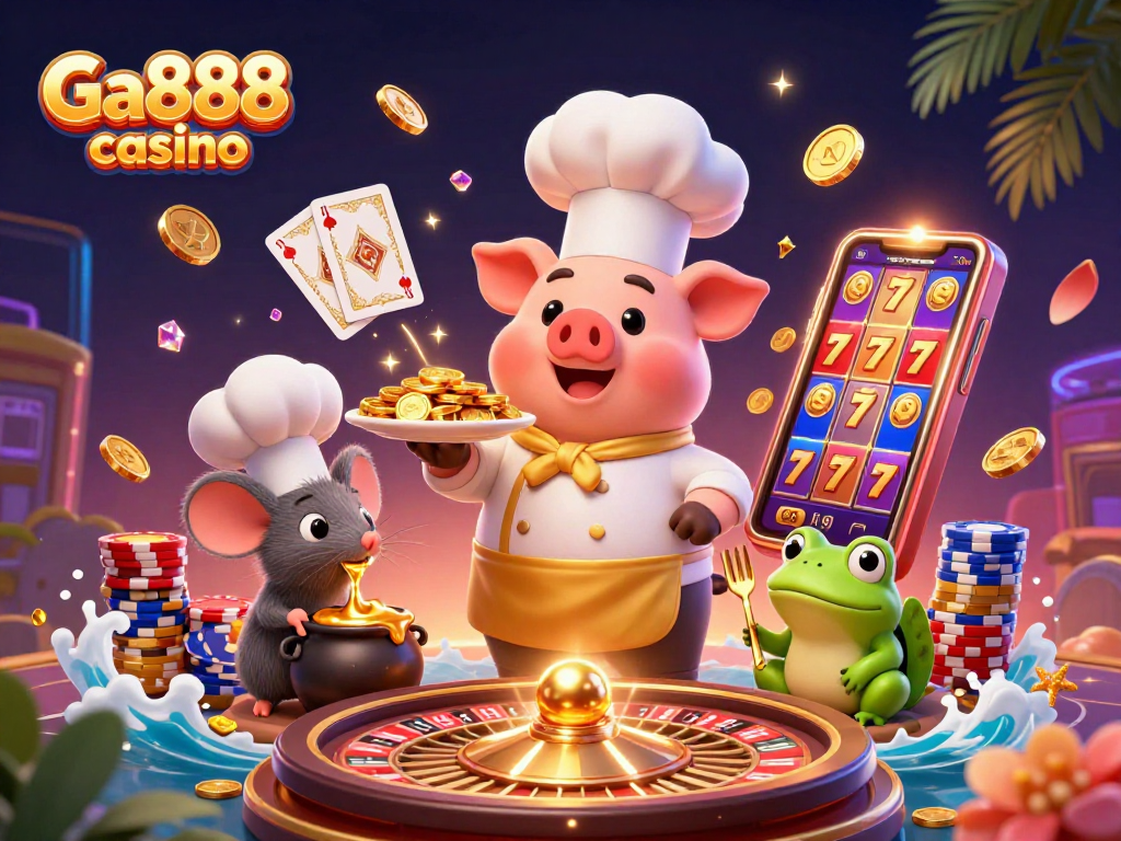 Ga888 casino illustration showcasing vibrant characters in a lively casino scene.
