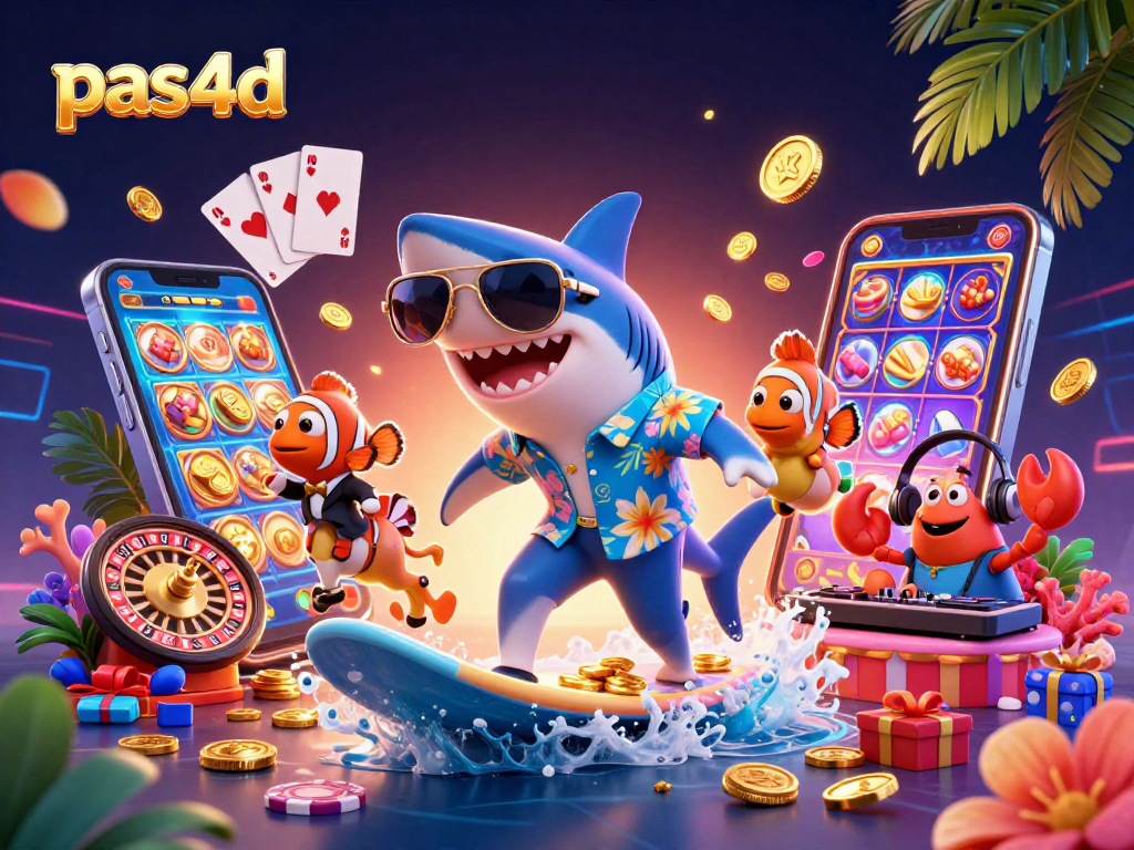 Menggali kemenangan di pas4d dengan hiu kartun dan elemen kasino menarik dalam ilustrasi 3D.