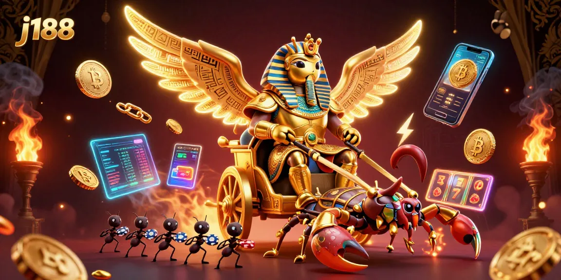 Engage with j188's dynamic casino experience in an artistic 3D scene featuring golden elements and slot machines.