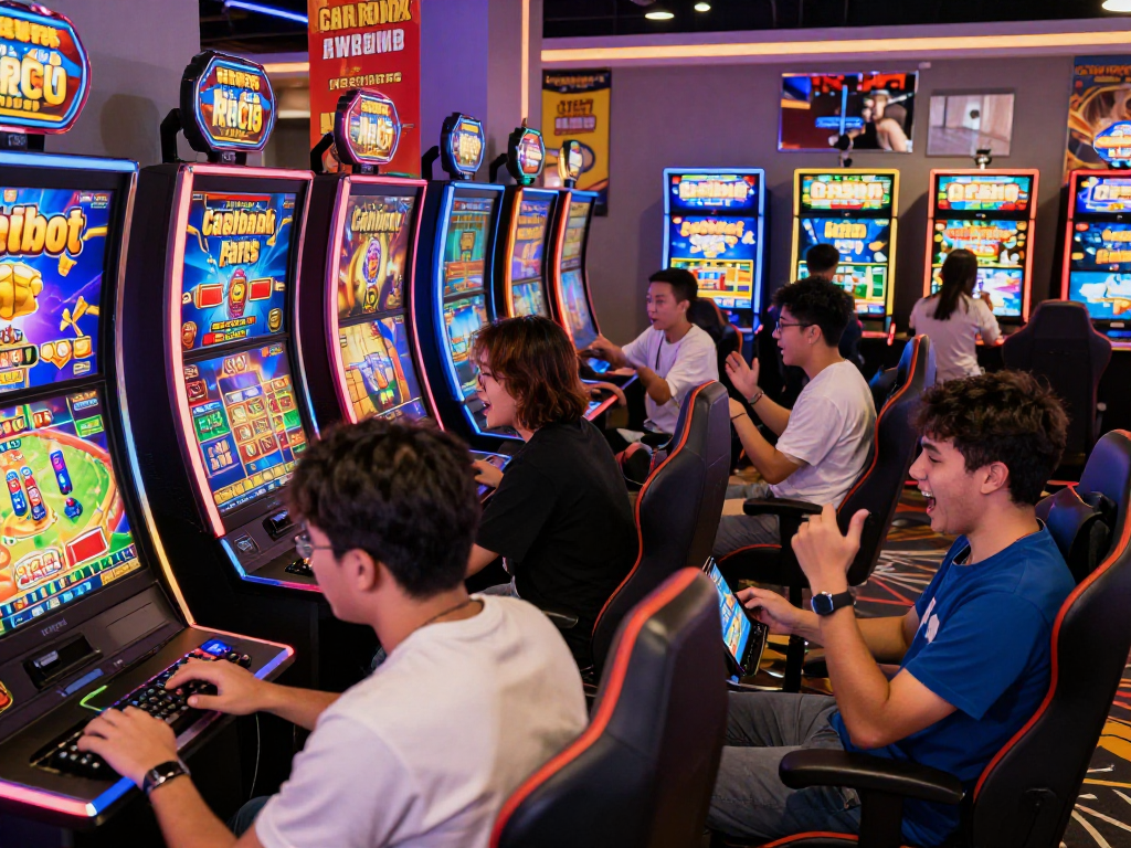 Pemain dengan semangat terlibat dalam slot online jandaslot88 di suasana kasino virtual yang cerah.