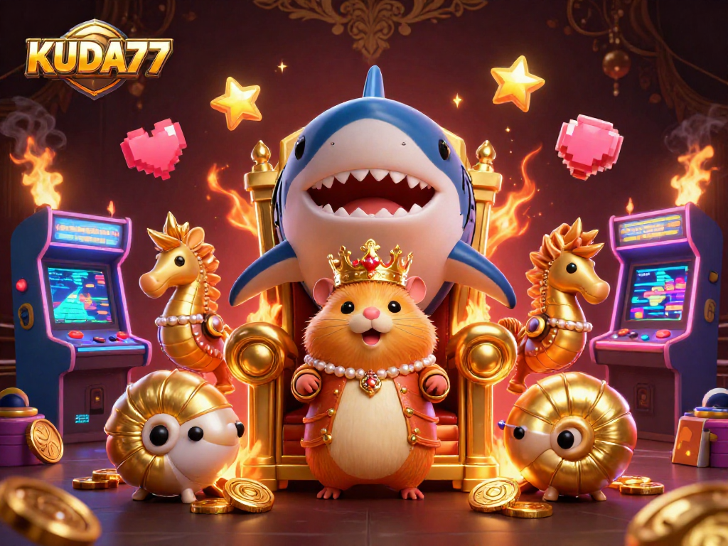 Permainan KUDA77 dengan karakter raja hamster emas dan penjaga seahorse dalam suasana kasino.