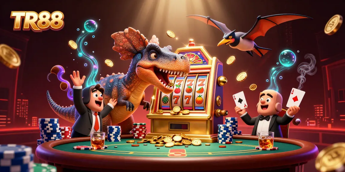 Win big at TR88 as a pachycephalosaurus headbutts a slot machine with coins flying around.