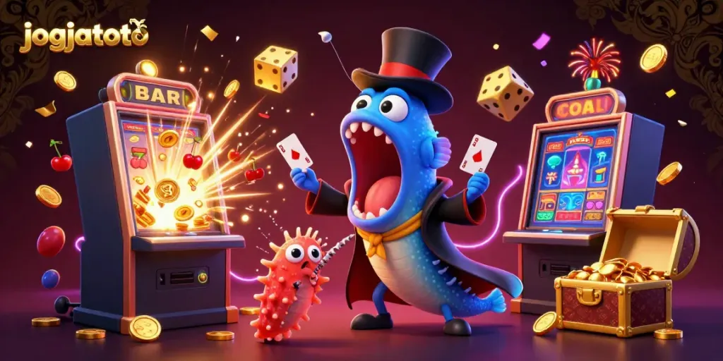 Experience the excitement of jogjatoto with a dynamic casino scene featuring colorful slot machines and underwater characters.