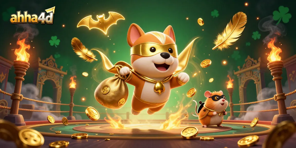 Play exciting games on ahha4d with a superhero dog and hamster amidst gold coins.