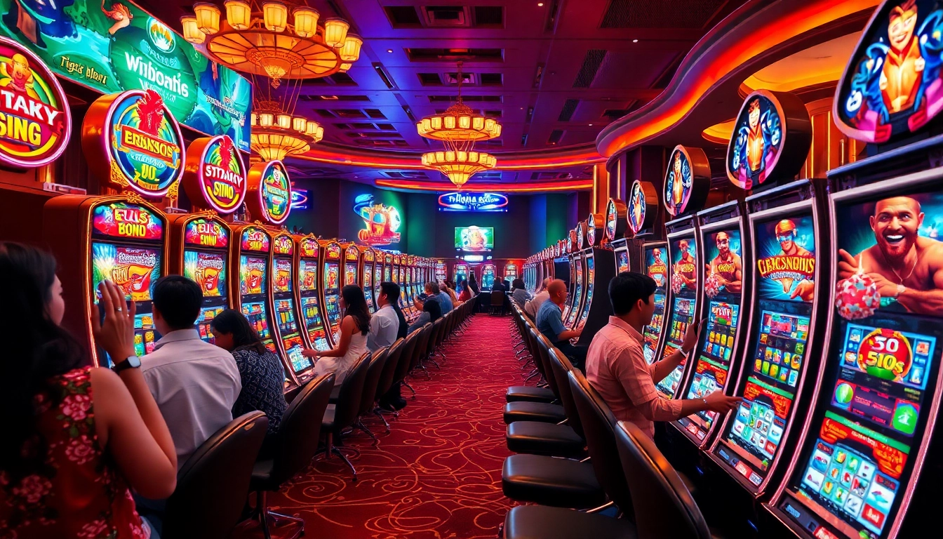 Players enjoying an exciting gaming session at idnslot casino with vibrant slots and chips.