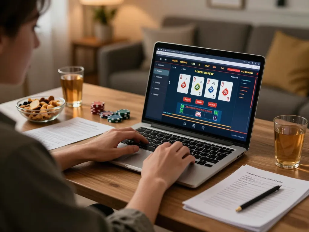 Engaging online player competing on GA28 casino platform with laptop and snacks.